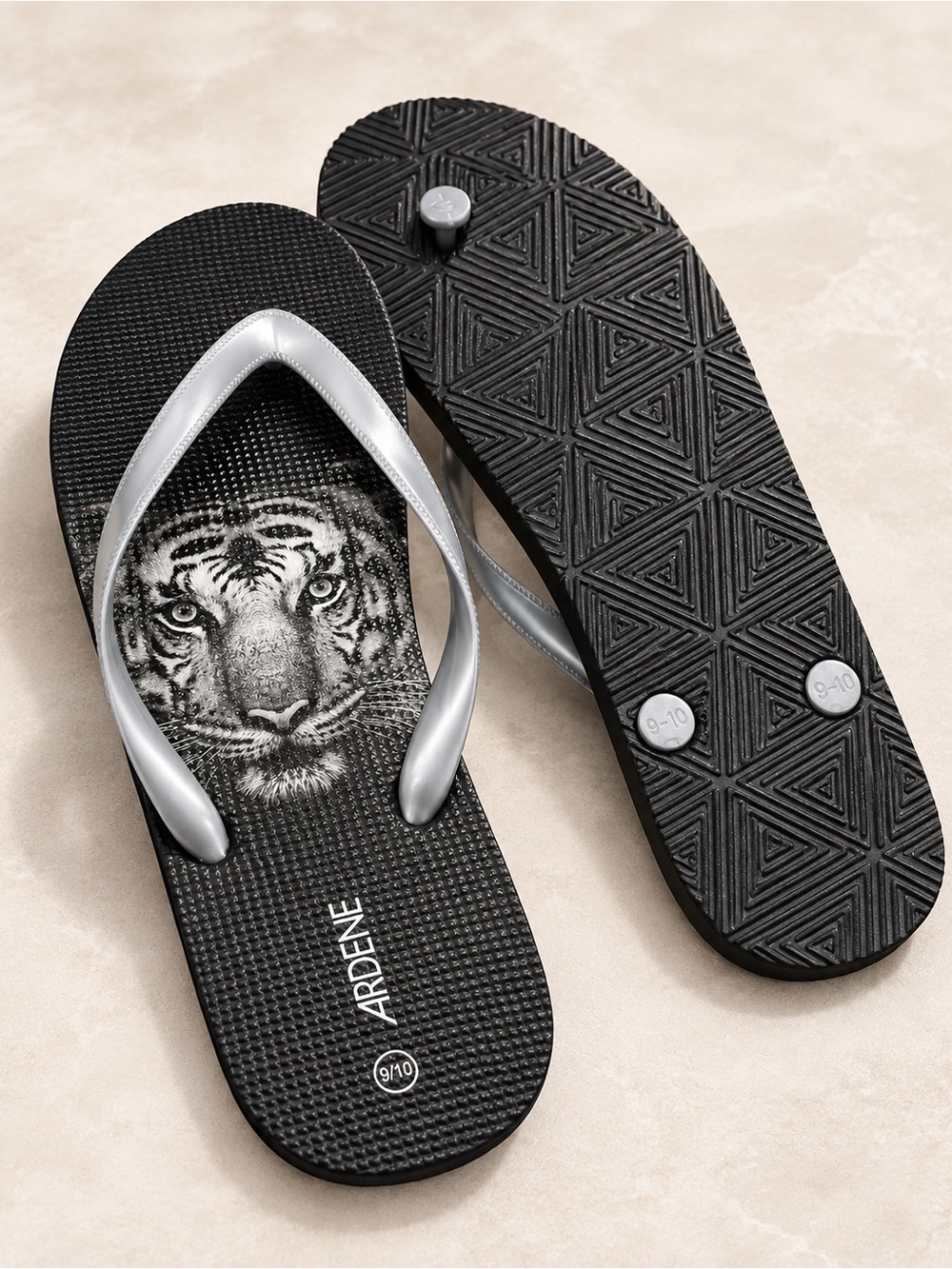 Ardene Black Flip Flops with Silver Straps and Tiger Graphic